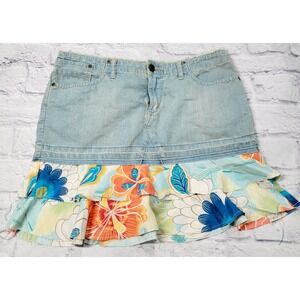 Vintage EXPRESS sz 5/6 Denim Silk Insert Jean Mini Skirt Floral Boho Ruffles Y2K